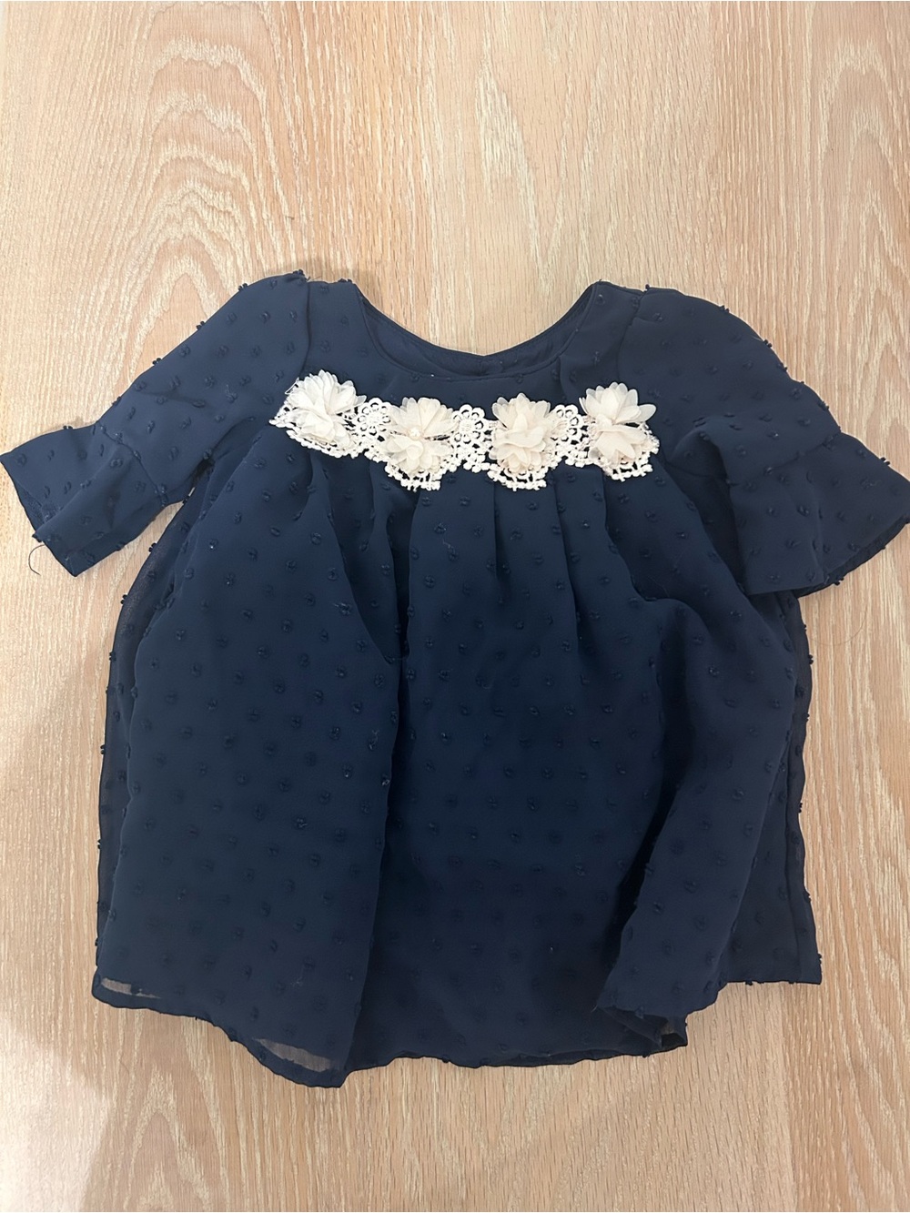 Laura Ashley Navy Swiss Dot Dress with Cream Floral Trim